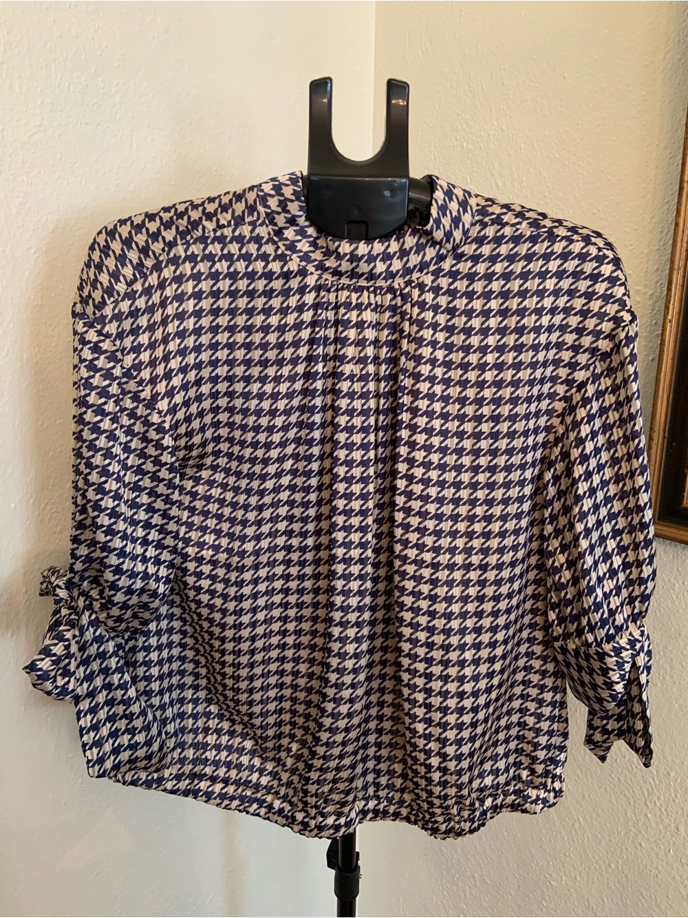 Brigitte Herskind Women’s Houndstooth Blouse in Blue and Cream Classic Pattern